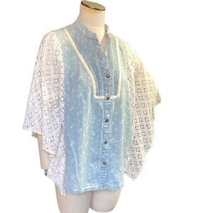 Free People BOHO Mixed Media Blue Denim/Chambray & Lace Top Sz M 148i